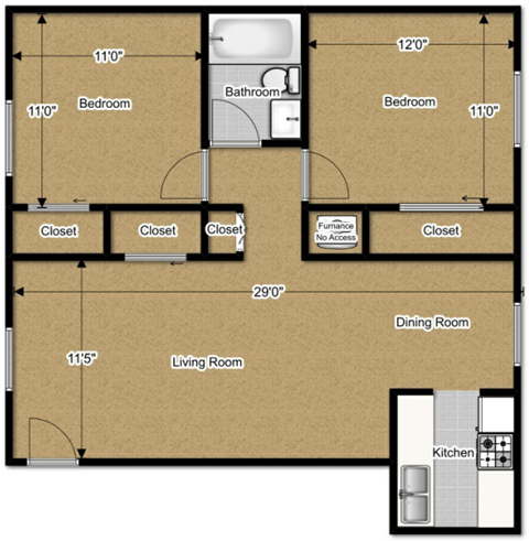 Floor plan for 2 beds, 1 bath, 846 sqft